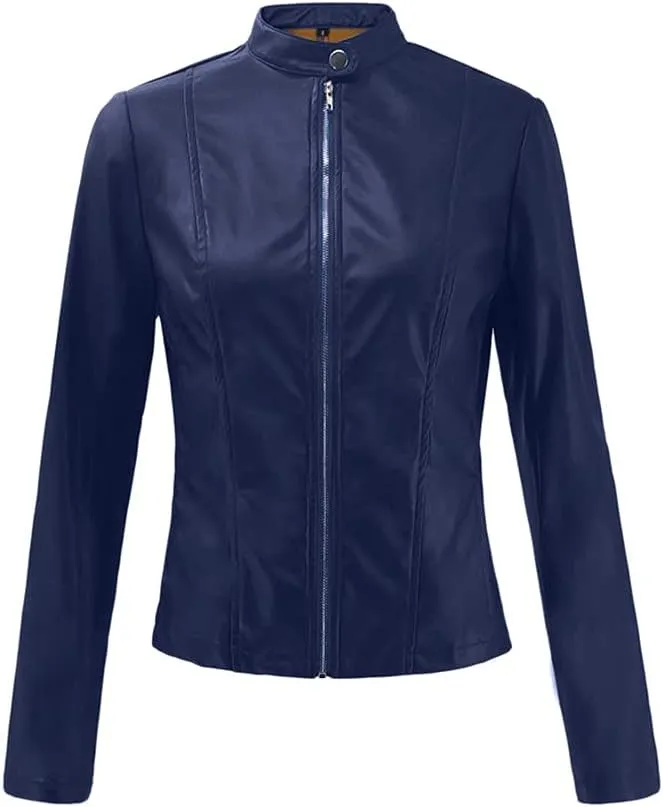 2024 Fall Women's Faux Leather Biker Motorcycle Jackets Plus Size Long Sleeve Zipper Slim Fit Short Casual Coat Outwear