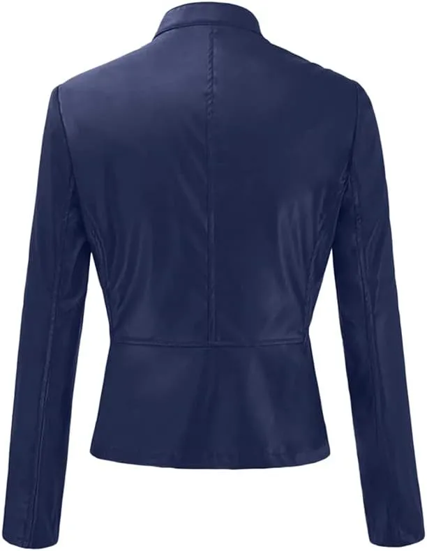 2024 Fall Women's Faux Leather Biker Motorcycle Jackets Plus Size Long Sleeve Zipper Slim Fit Short Casual Coat Outwear