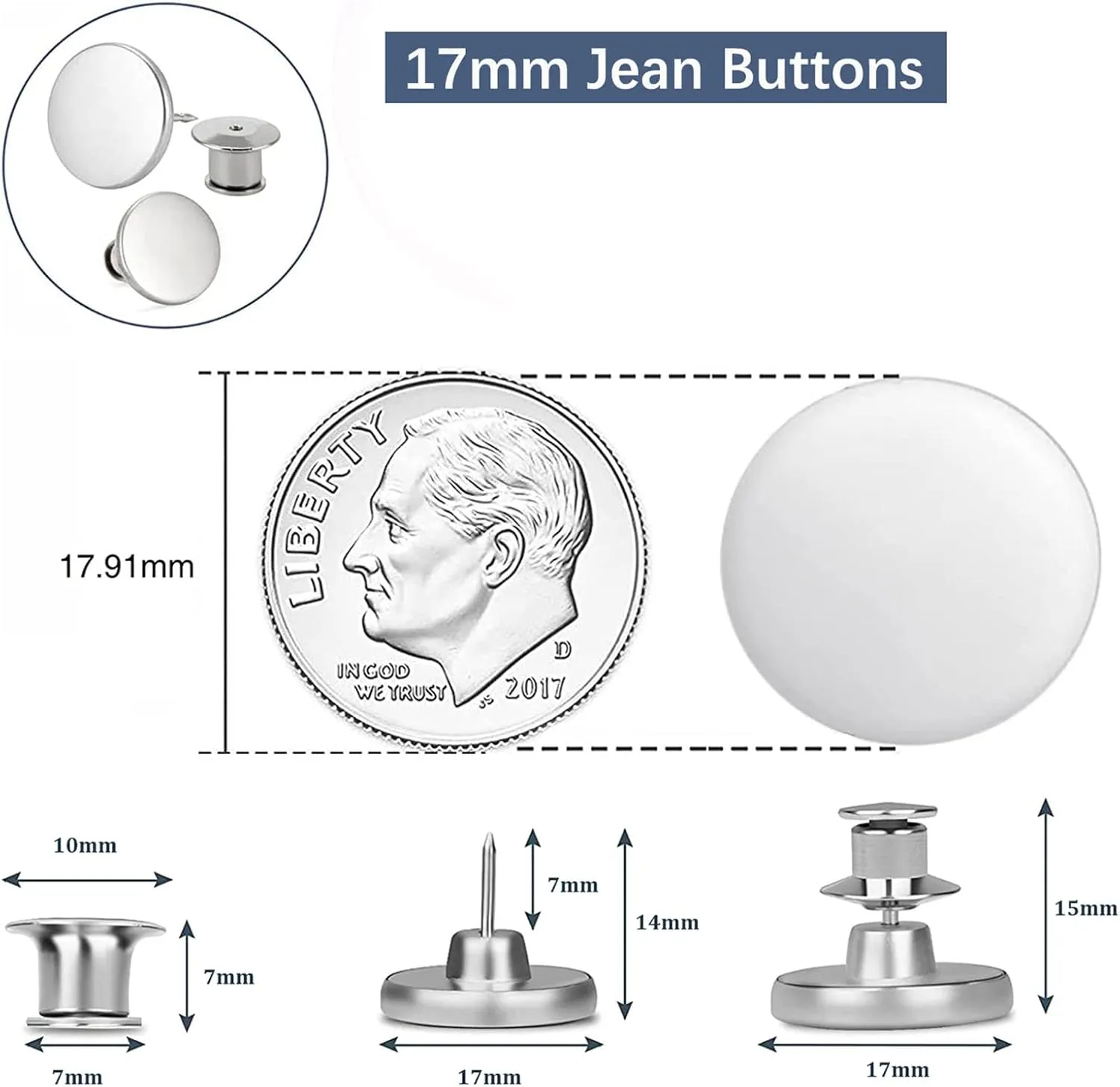 8 Sets of 17 mm Pants Button, Jean Buttons Pins for Loose Jeans, Adjustable Button for Jeans, Reusable and Adjustable Metal Pants Button Tightener
