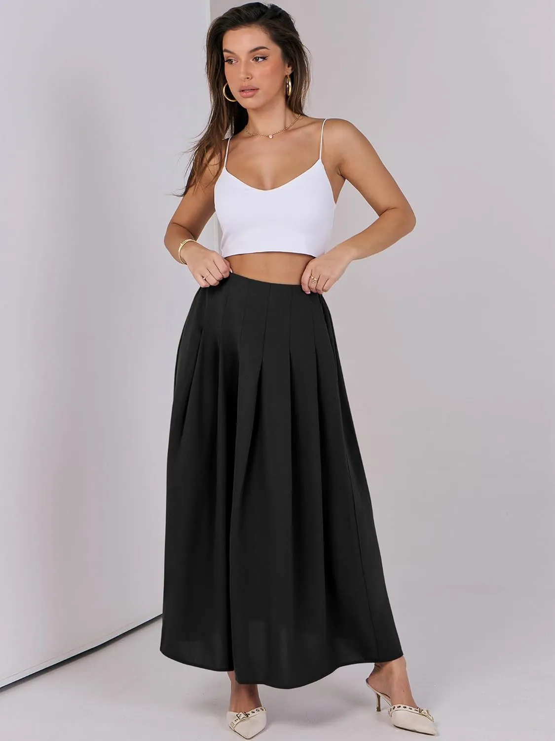 ANRABESS Women A-Line Pleated High Waist Maxi Skirt Full Ankle Length Flowy Swing Elegant Dressy Casual Work Long Skirts