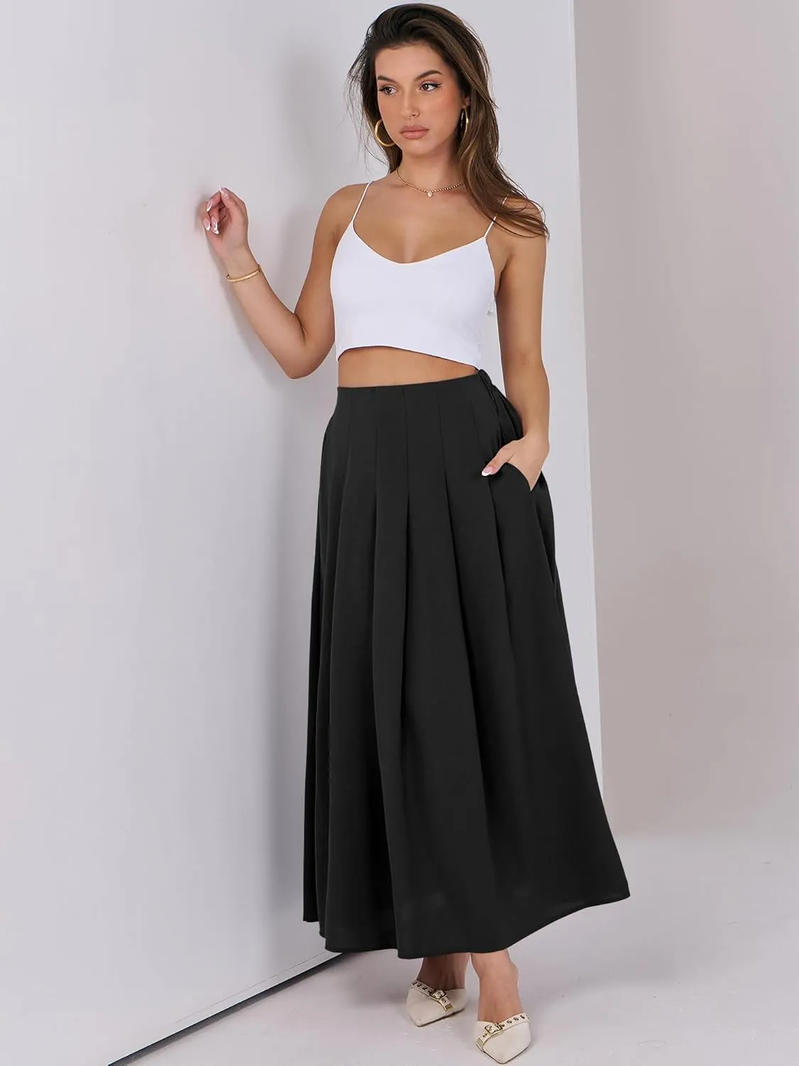 ANRABESS Women A-Line Pleated High Waist Maxi Skirt Full Ankle Length Flowy Swing Elegant Dressy Casual Work Long Skirts