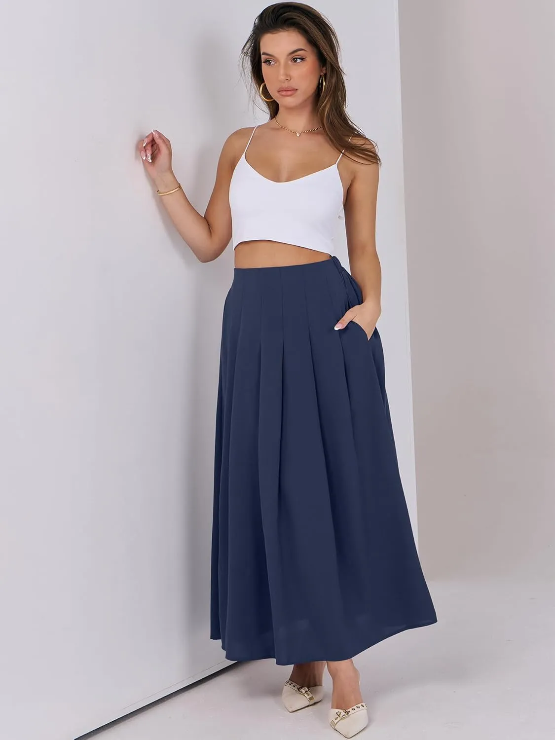 ANRABESS Women A-Line Pleated High Waist Maxi Skirt Full Ankle Length Flowy Swing Elegant Dressy Casual Work Long Skirts