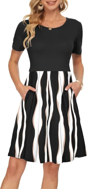 AUSELILY Women's Short Sleeve Summer Dress Pleated Loose Swing Knee Length Dresses with Pockets 2025 New