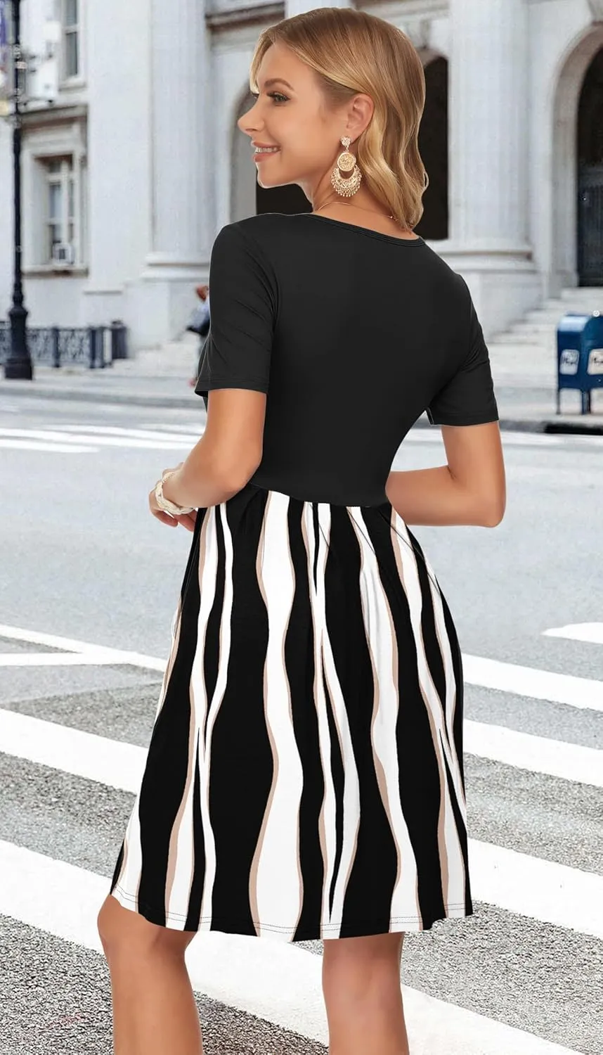 AUSELILY Women's Short Sleeve Summer Dress Pleated Loose Swing Knee Length Dresses with Pockets 2025 New