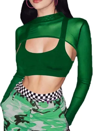 Avidlove Mesh Crop Tops for Women Mock Neck Long Sleeve Crop Top See Through Shirt Top Sexy Clubwear