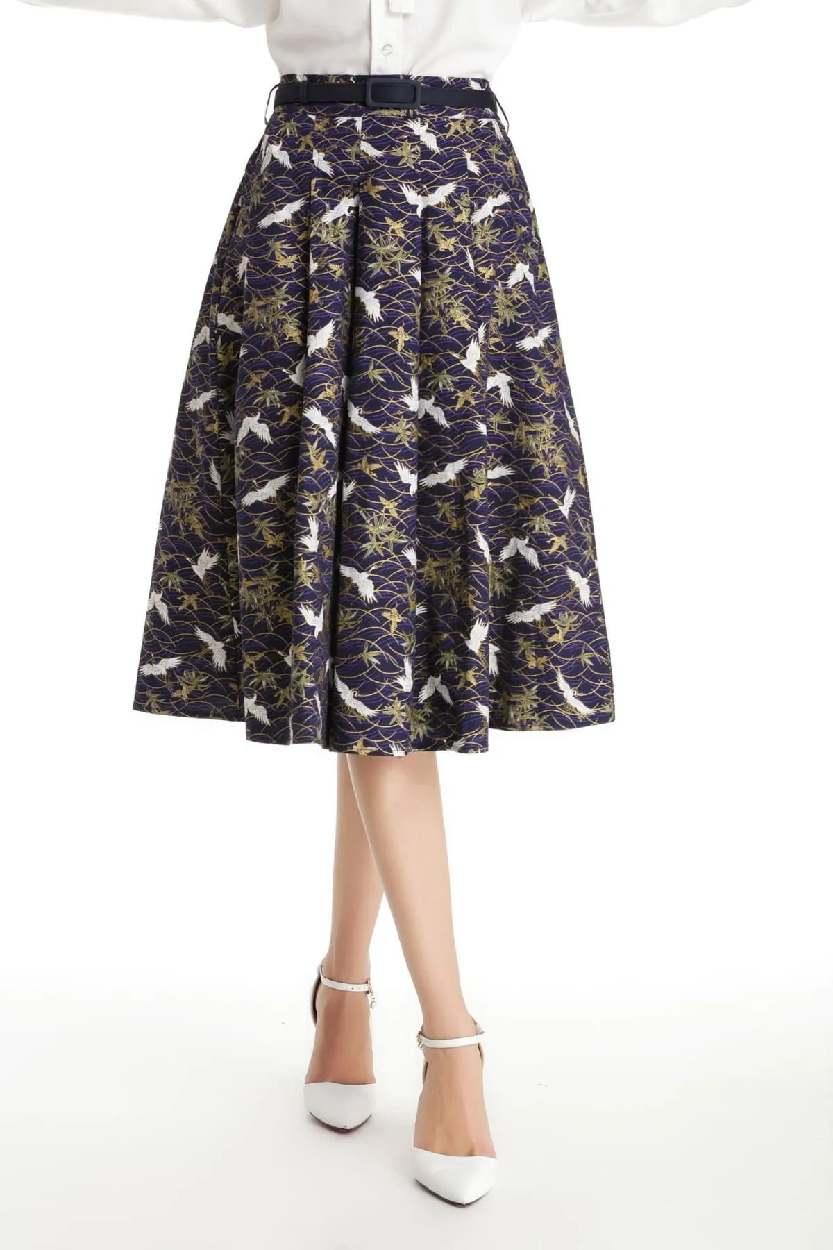 Blue with White Japanese Cranes A Line Skirt