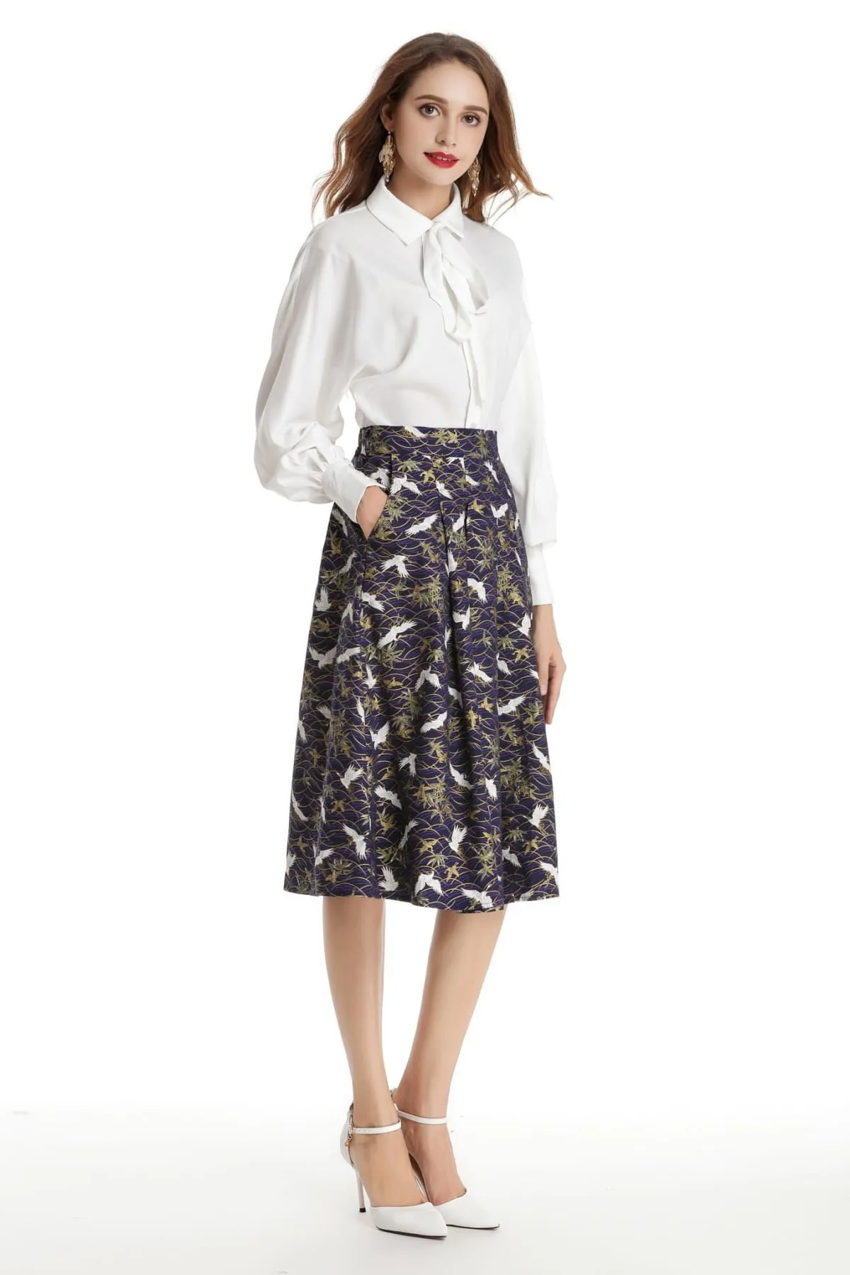 Blue with White Japanese Cranes A Line Skirt