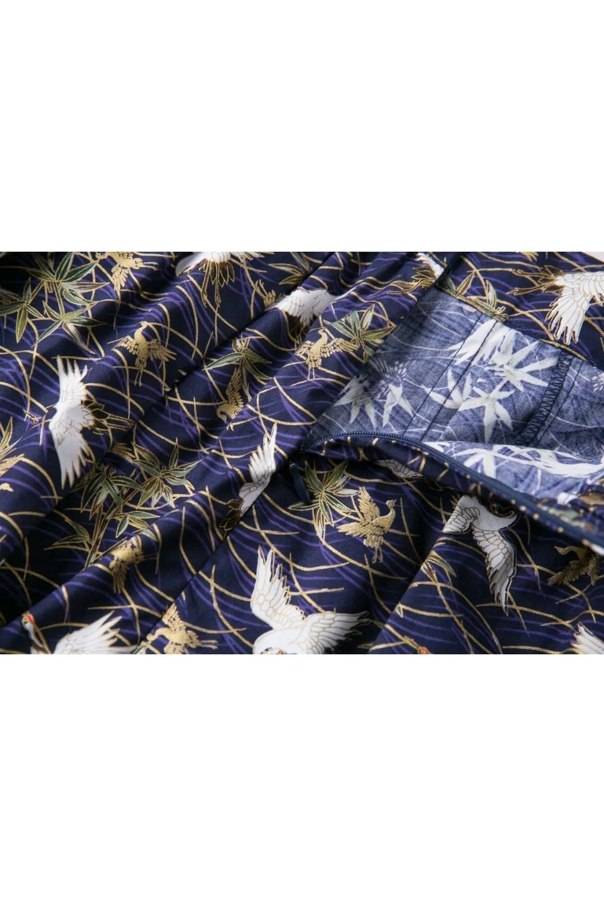 Blue with White Japanese Cranes A Line Skirt