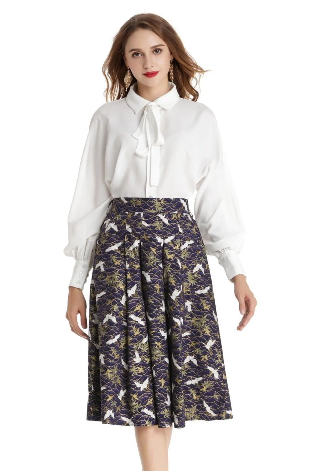 Blue with White Japanese Cranes A Line Skirt