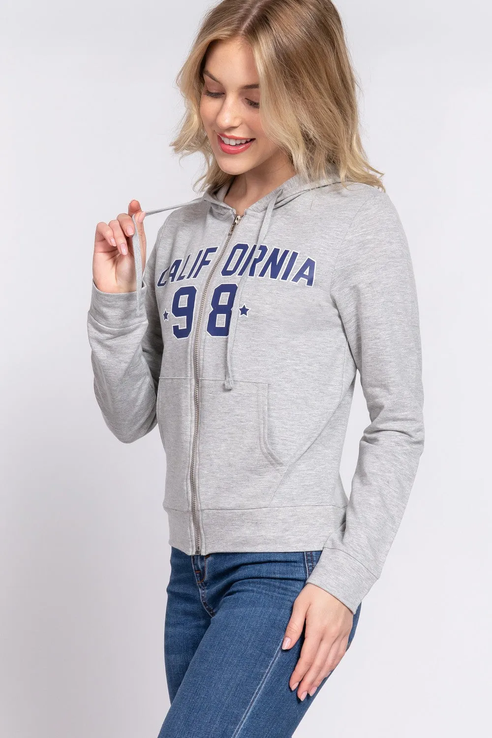 Blue Zone Planet |  ACTIVE BASIC CALIFORNIA Zip Up Drawstring Long Sleeve Hoodie