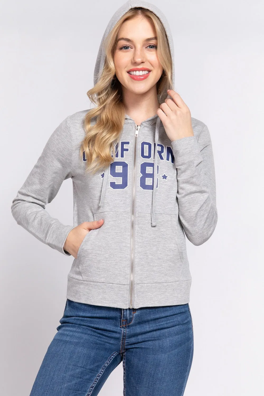 Blue Zone Planet |  ACTIVE BASIC CALIFORNIA Zip Up Drawstring Long Sleeve Hoodie