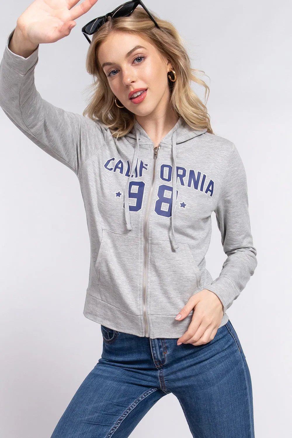 Blue Zone Planet |  ACTIVE BASIC CALIFORNIA Zip Up Drawstring Long Sleeve Hoodie