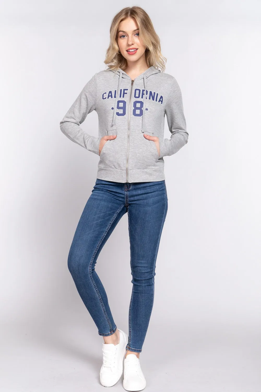 Blue Zone Planet |  ACTIVE BASIC CALIFORNIA Zip Up Drawstring Long Sleeve Hoodie