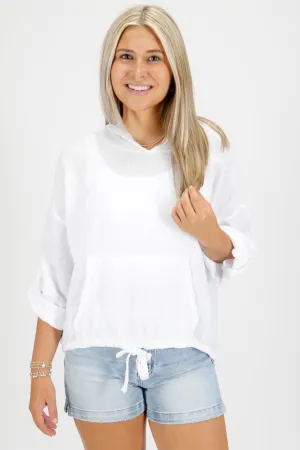 Breezing By Linen Hoodie Top - White
