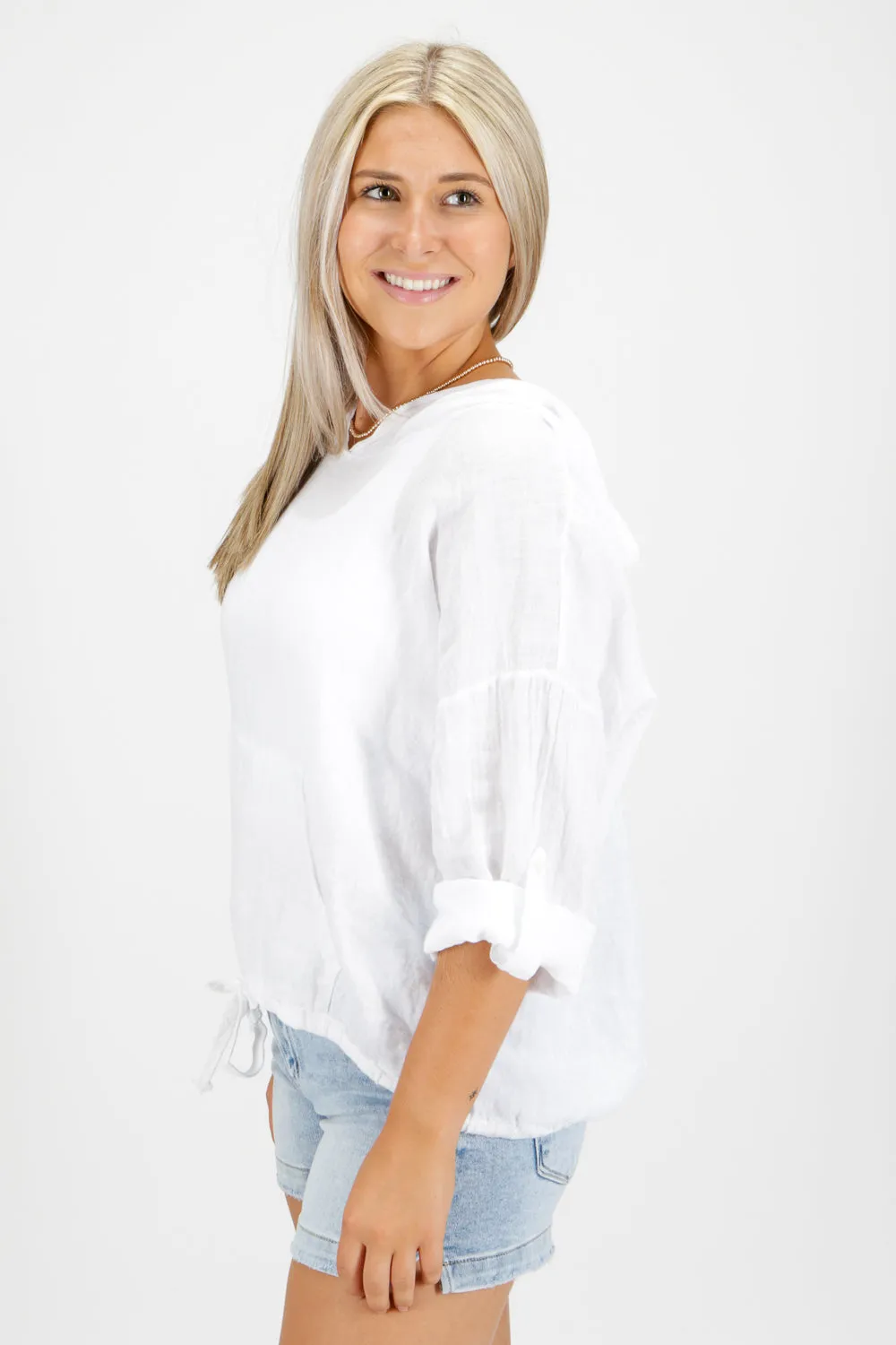 Breezing By Linen Hoodie Top - White