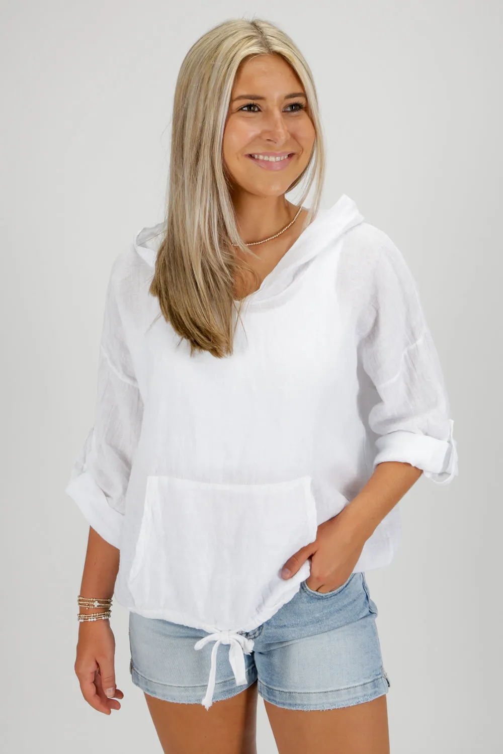 Breezing By Linen Hoodie Top - White