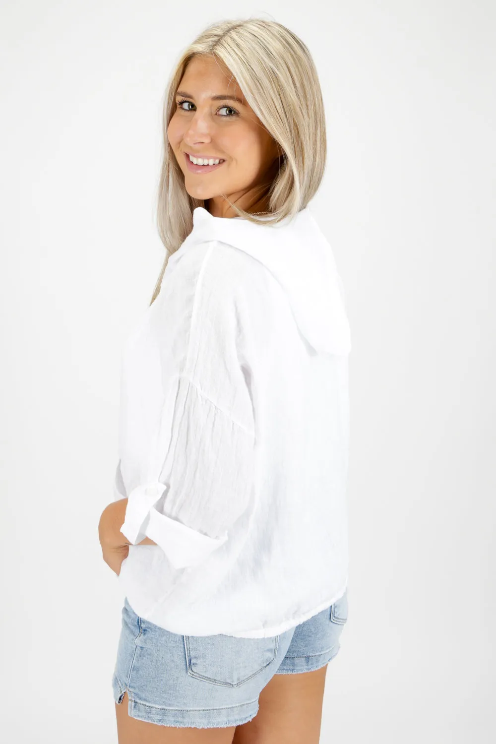 Breezing By Linen Hoodie Top - White