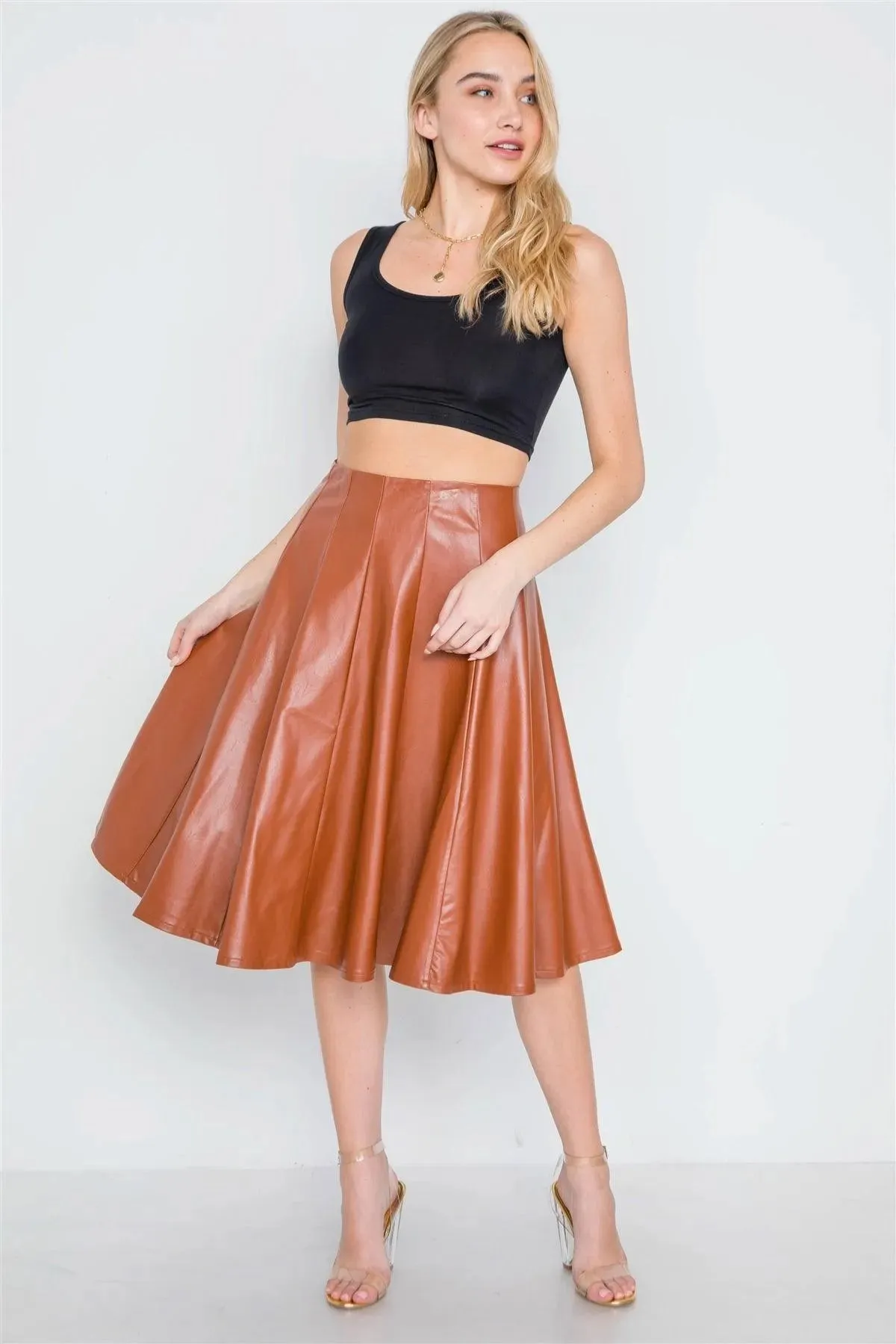 Camel Vegan Leather A-Line High-Waist Skirt