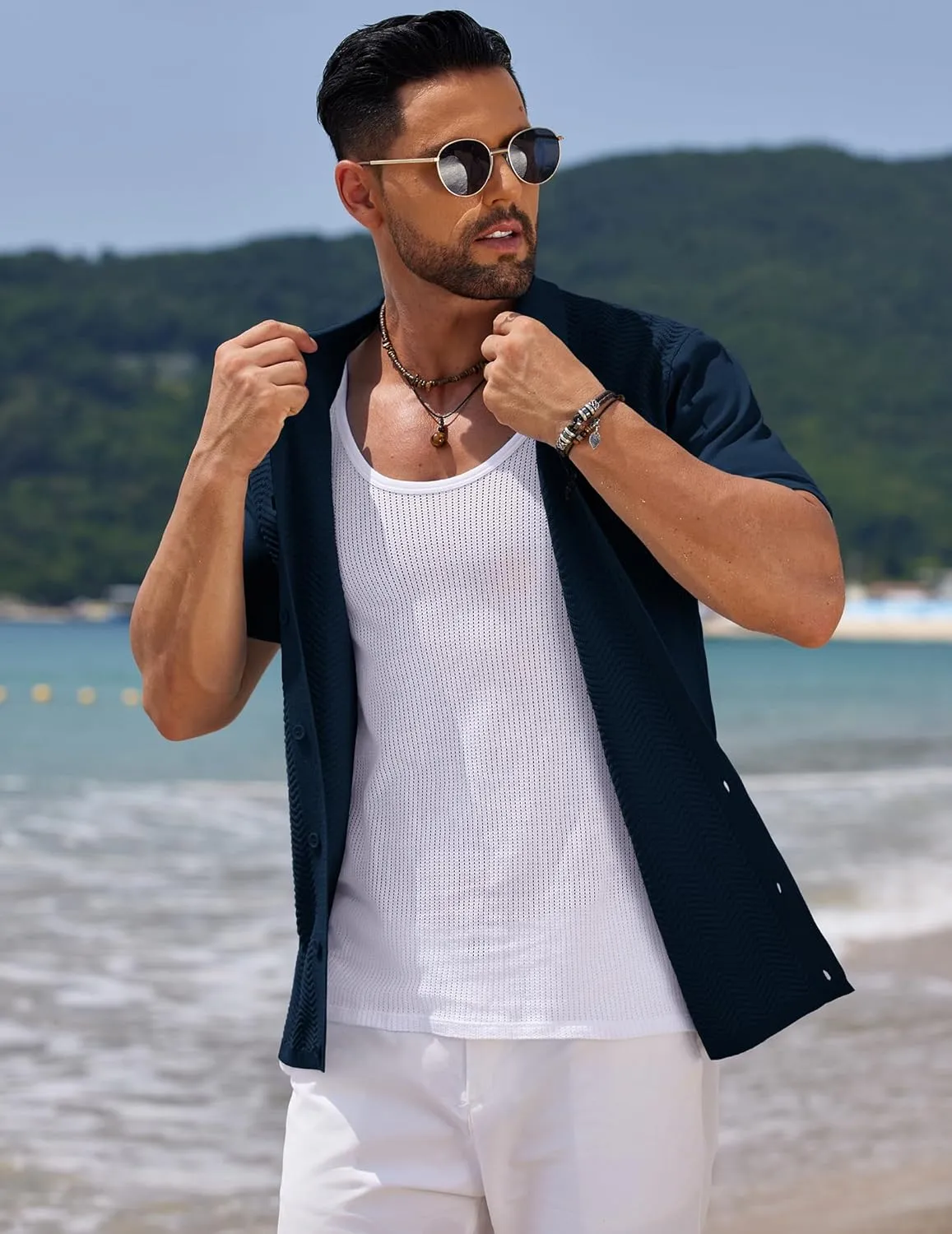 COOFANDY Mens Knit Short Sleeve Shirt Casual Button Down Shirt Vintage Fashion Polo Shirts Crochet Summer Beach Shirts