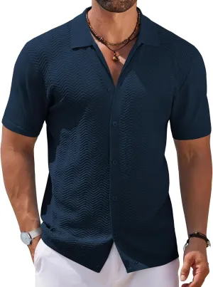 COOFANDY Mens Knit Short Sleeve Shirt Casual Button Down Shirt Vintage Fashion Polo Shirts Crochet Summer Beach Shirts