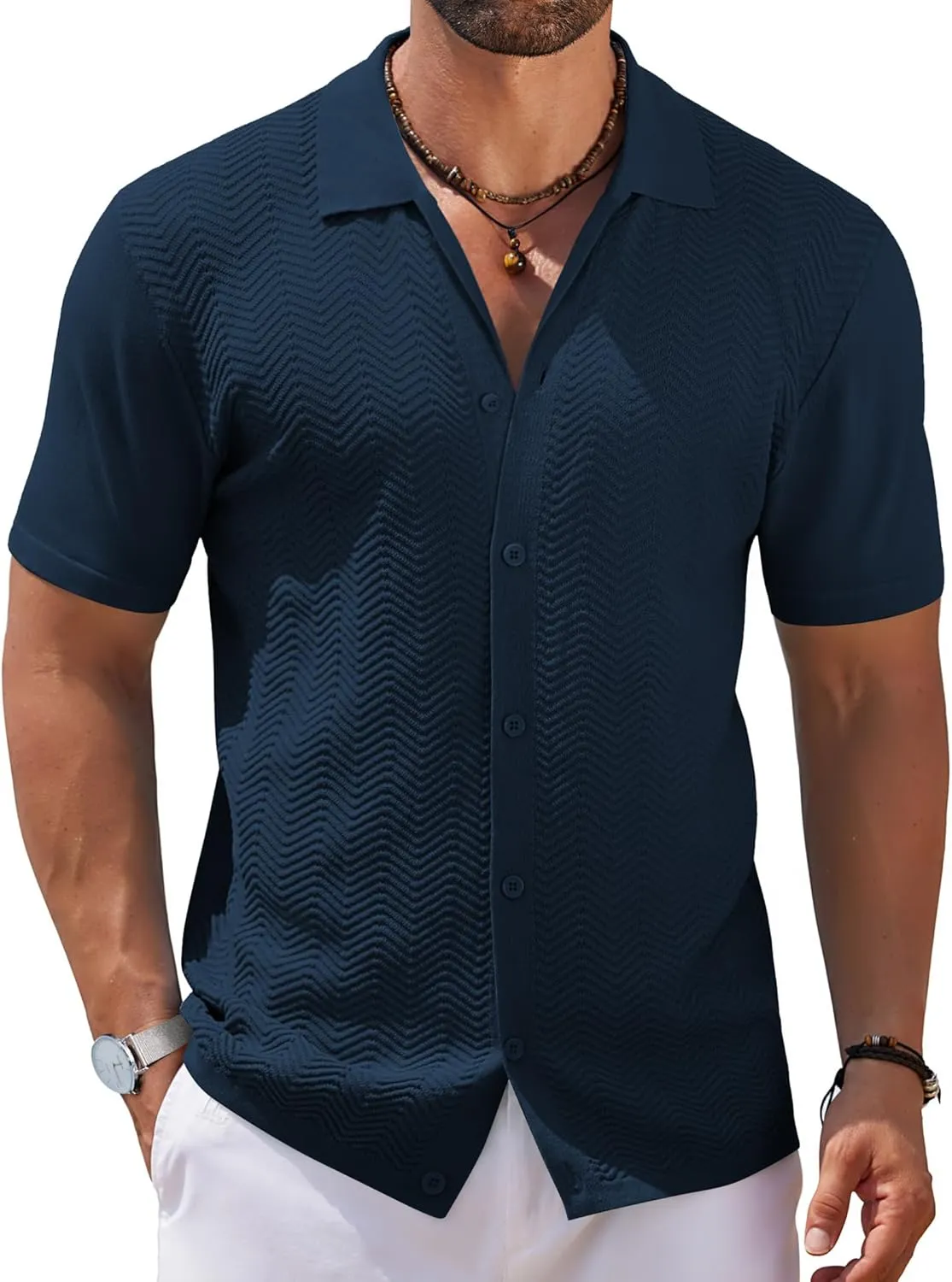 COOFANDY Mens Knit Short Sleeve Shirt Casual Button Down Shirt Vintage Fashion Polo Shirts Crochet Summer Beach Shirts