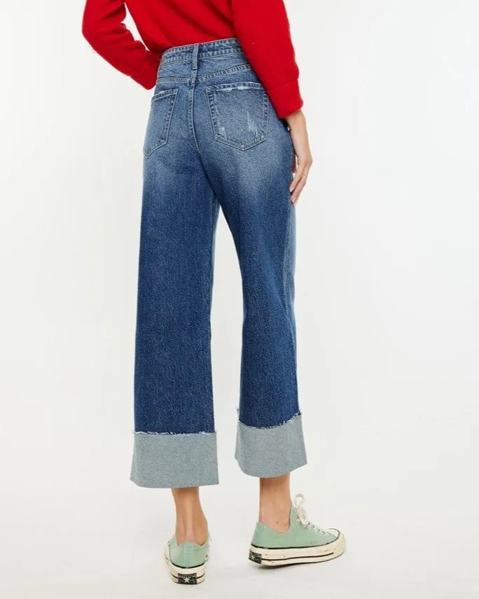 Cropped High Rise Wide Leg Jeans - Medium Wash