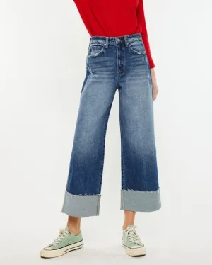 Cropped High Rise Wide Leg Jeans - Medium Wash