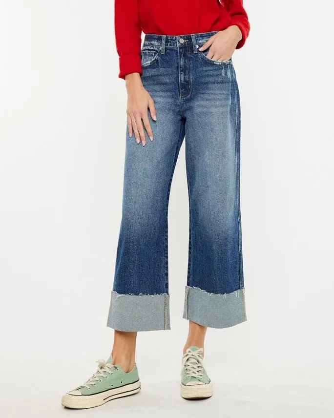 Cropped High Rise Wide Leg Jeans - Medium Wash