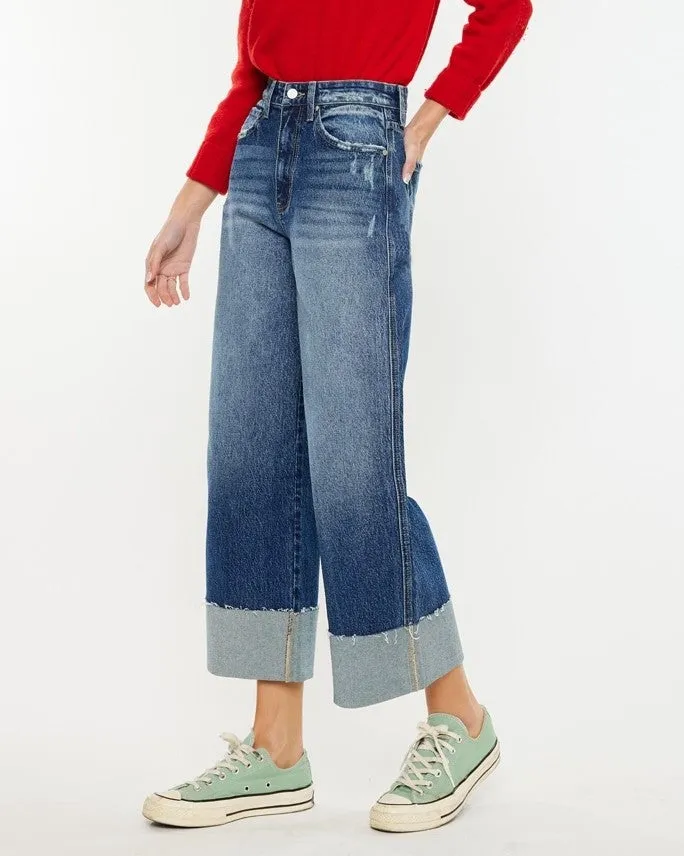 Cropped High Rise Wide Leg Jeans - Medium Wash