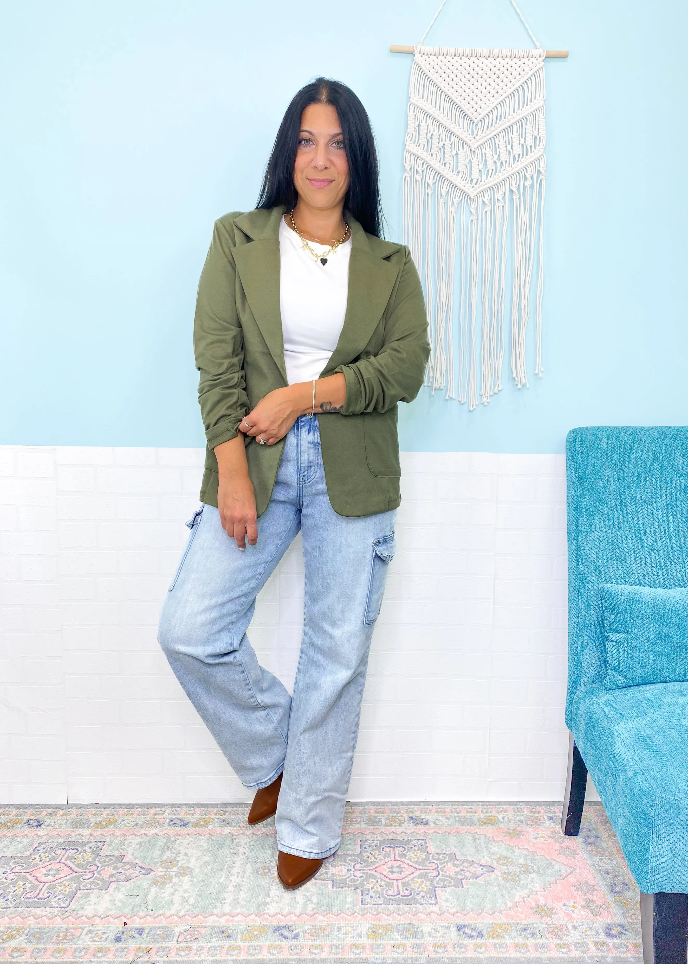 'Day Dreamer' Olive Boyfriend Fit Knit Blazer
