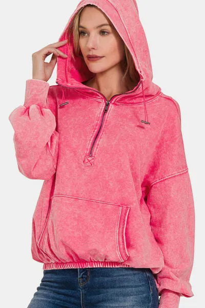 Fuchsia Drawstring Half Zip Dropped Shoulder Hoodie