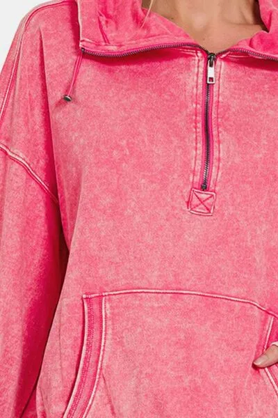 Fuchsia Drawstring Half Zip Dropped Shoulder Hoodie