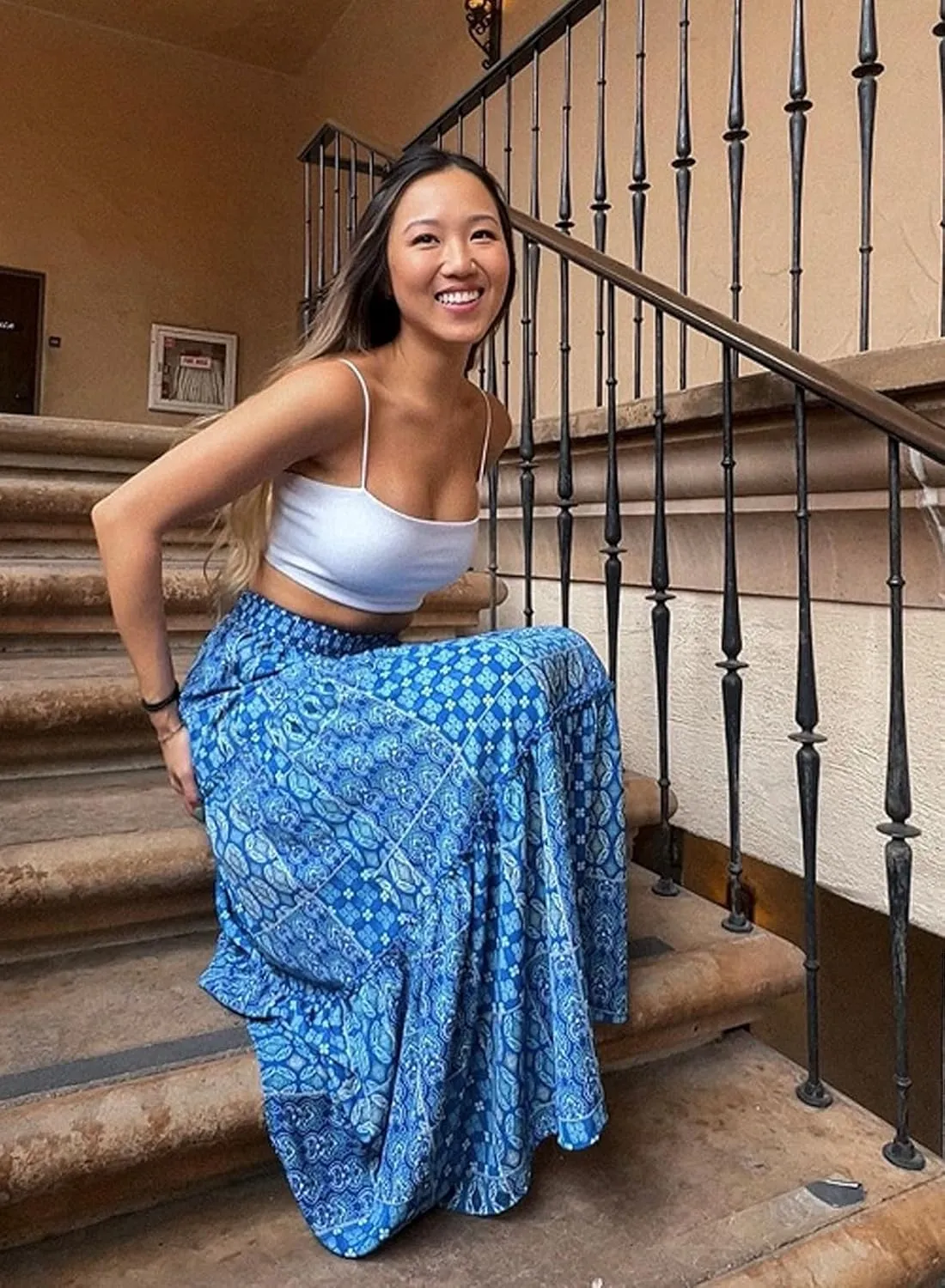 Happy Sailed Womens Floral Print Boho Maxi Skirt Elastic High Waist Pleated Ruffle Flowy Long Skirts S-XL