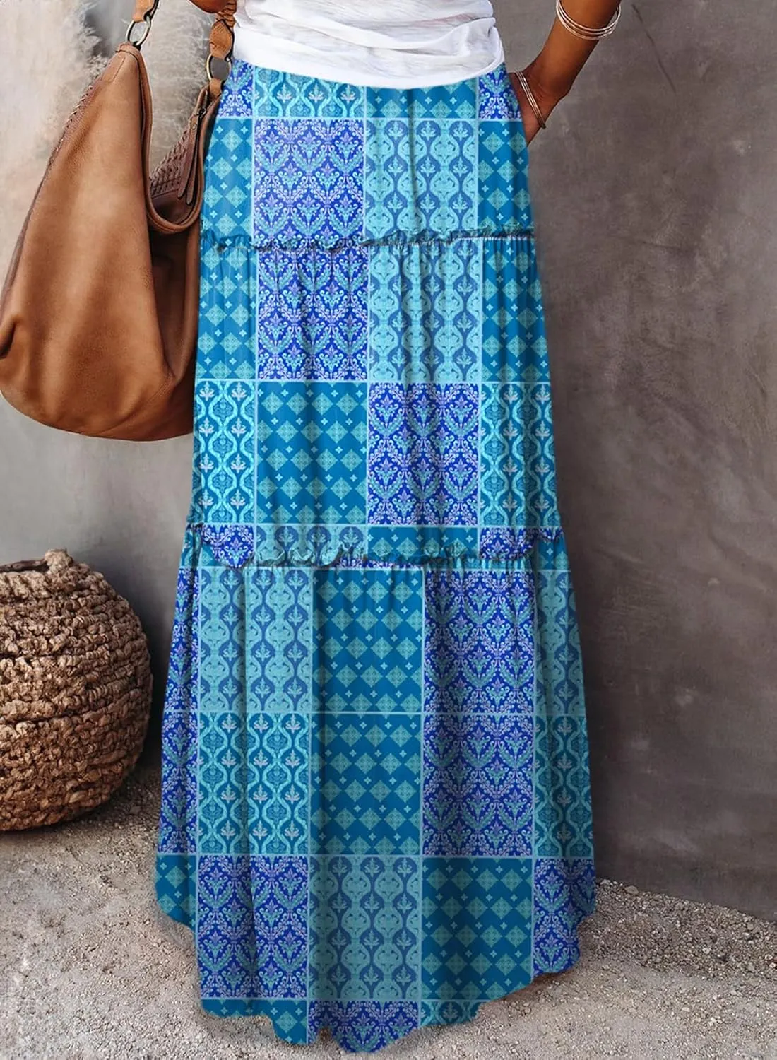 Happy Sailed Womens Floral Print Boho Maxi Skirt Elastic High Waist Pleated Ruffle Flowy Long Skirts S-XL