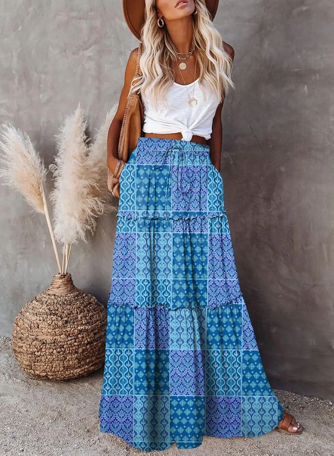 Happy Sailed Womens Floral Print Boho Maxi Skirt Elastic High Waist Pleated Ruffle Flowy Long Skirts S-XL