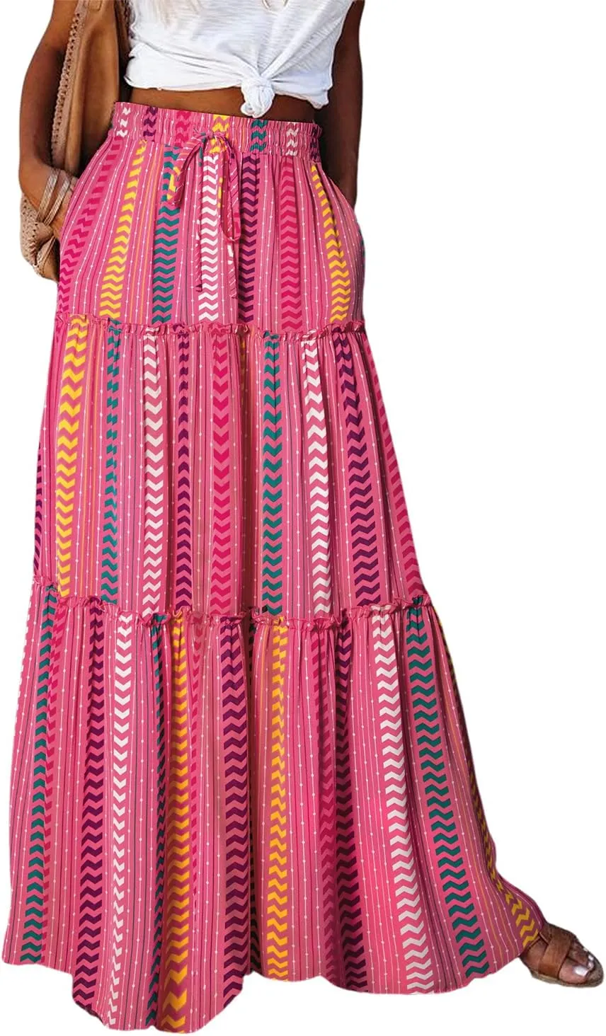Happy Sailed Womens Floral Print Boho Maxi Skirt Elastic High Waist Pleated Ruffle Flowy Long Skirts S-XL