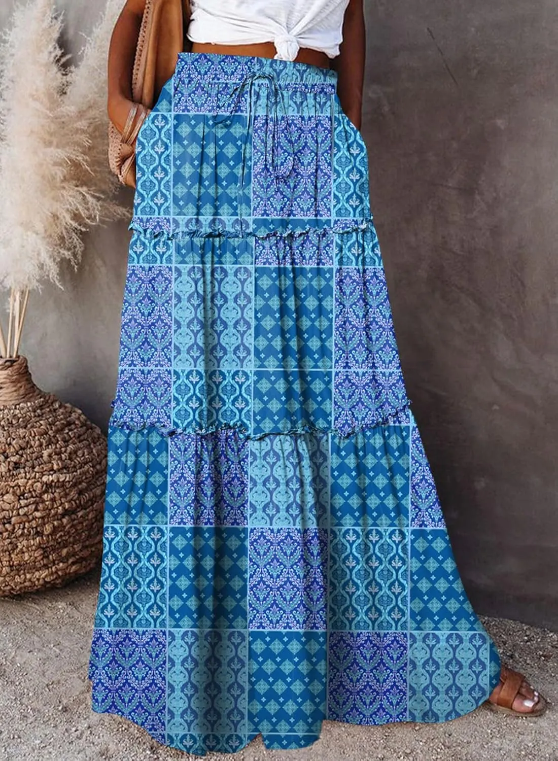 Happy Sailed Womens Floral Print Boho Maxi Skirt Elastic High Waist Pleated Ruffle Flowy Long Skirts S-XL