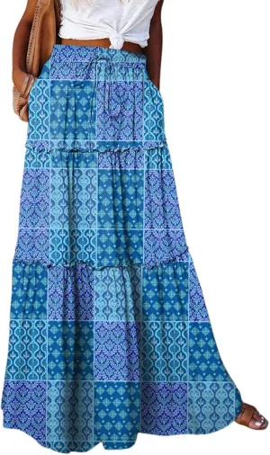 Happy Sailed Womens Floral Print Boho Maxi Skirt Elastic High Waist Pleated Ruffle Flowy Long Skirts S-XL
