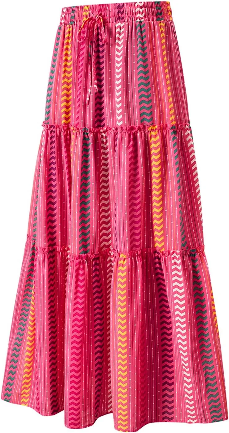 Happy Sailed Womens Floral Print Boho Maxi Skirt Elastic High Waist Pleated Ruffle Flowy Long Skirts S-XL