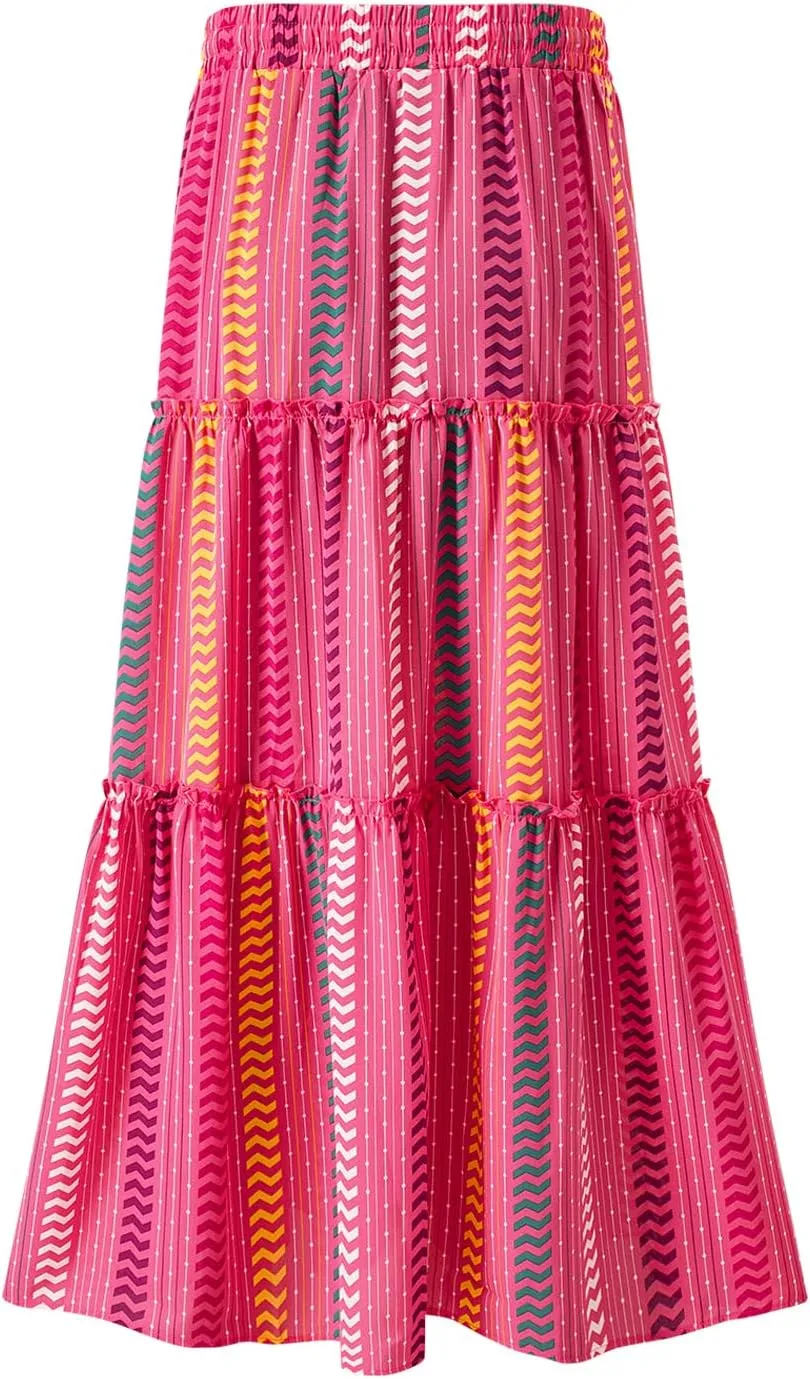Happy Sailed Womens Floral Print Boho Maxi Skirt Elastic High Waist Pleated Ruffle Flowy Long Skirts S-XL