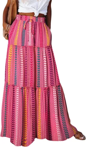 Happy Sailed Womens Floral Print Boho Maxi Skirt Elastic High Waist Pleated Ruffle Flowy Long Skirts S-XL