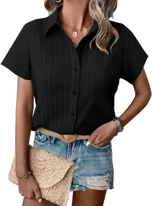 HOTOUCH Womens Button Down Shirt Short Sleeve Dress Shirt V Neck Collared Button Up Summer Tops Textured Work Blouse