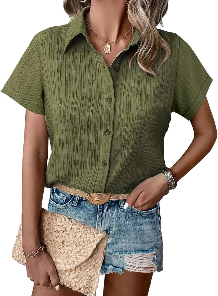 HOTOUCH Womens Button Down Shirt Short Sleeve Dress Shirt V Neck Collared Button Up Summer Tops Textured Work Blouse