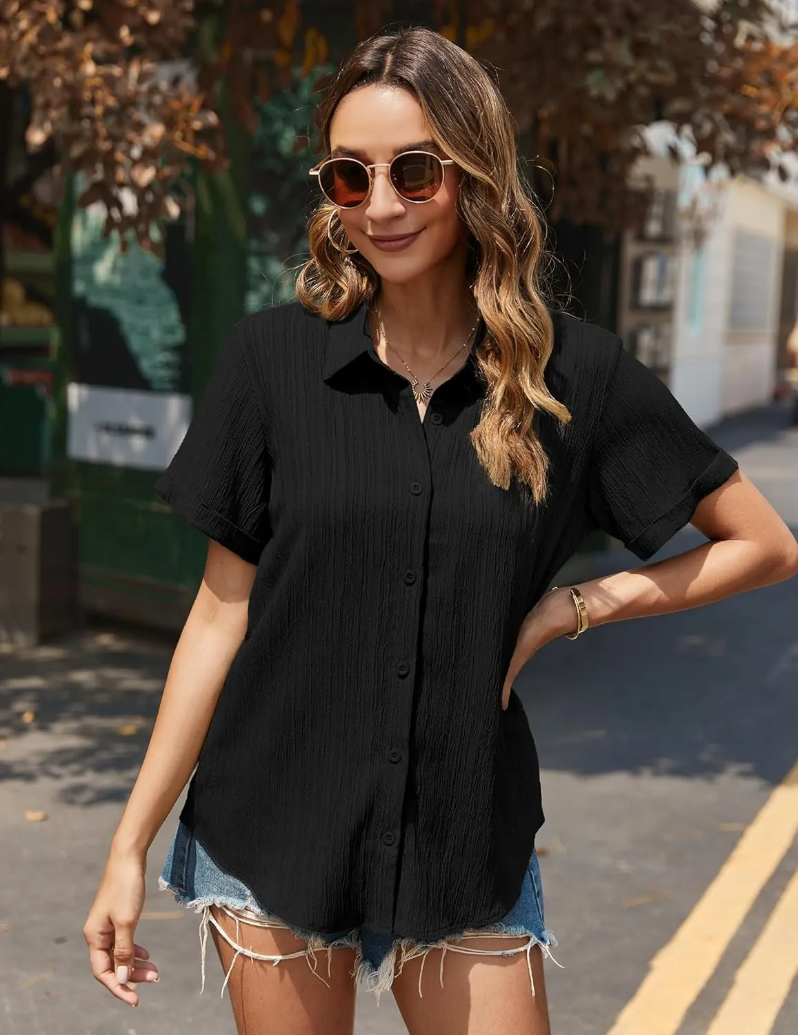 HOTOUCH Womens Button Down Shirt Short Sleeve Dress Shirt V Neck Collared Button Up Summer Tops Textured Work Blouse