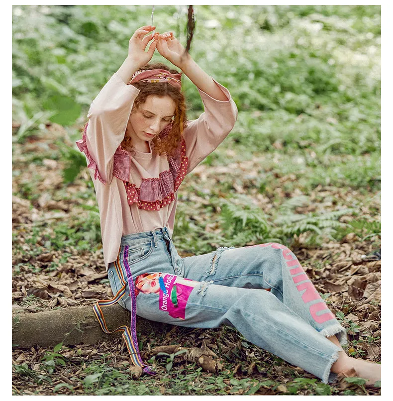 JAM PRINCESS STRAIGHT RIPPED LEG JEANS IN GRAPHIC AND LETTERS PRINT