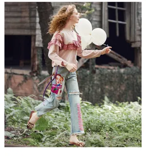 JAM PRINCESS STRAIGHT RIPPED LEG JEANS IN GRAPHIC AND LETTERS PRINT