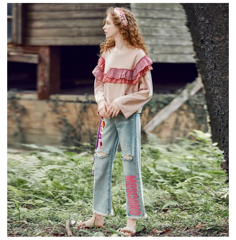 JAM PRINCESS STRAIGHT RIPPED LEG JEANS IN GRAPHIC AND LETTERS PRINT