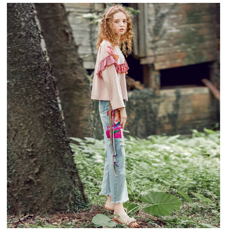 JAM PRINCESS STRAIGHT RIPPED LEG JEANS IN GRAPHIC AND LETTERS PRINT