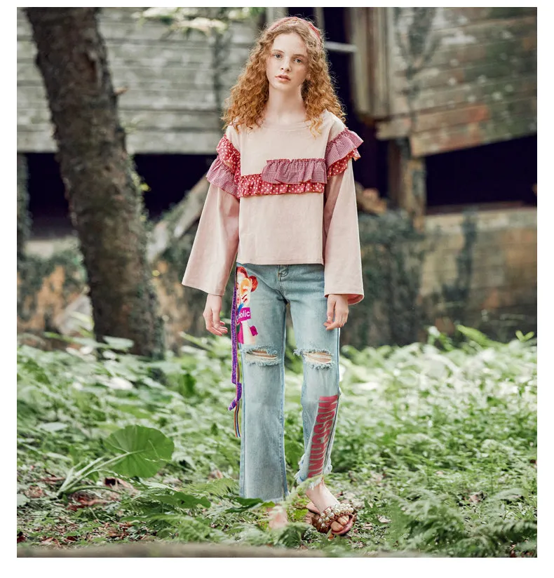 JAM PRINCESS STRAIGHT RIPPED LEG JEANS IN GRAPHIC AND LETTERS PRINT