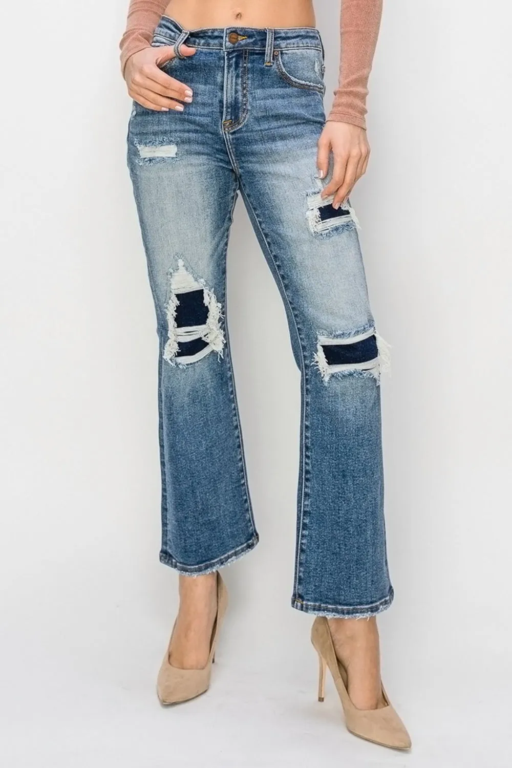 Krista High Rise Distressed Contrast Patch Kick Flare Jeans